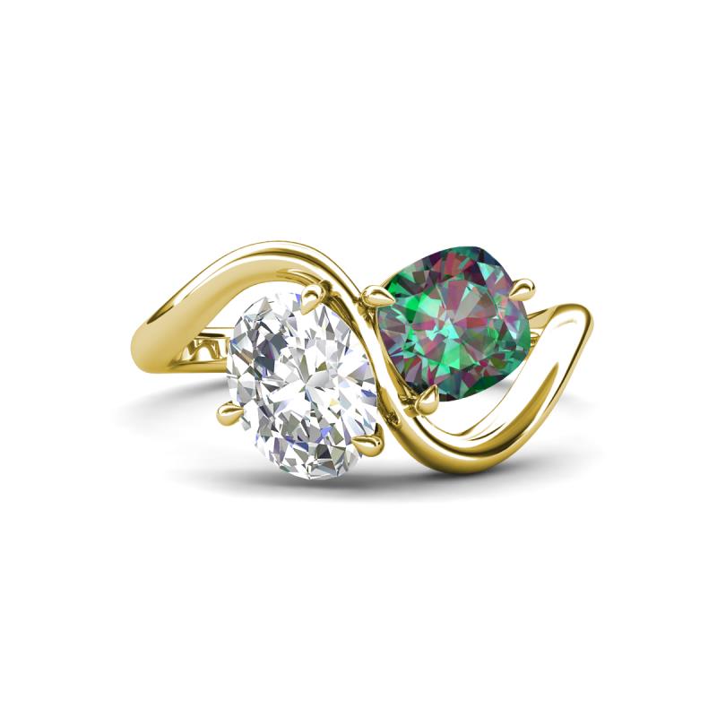 Velona 2.53 ctw IGI Certified Oval Shape Lab Grown Diamond (8.5 x 6 mm) and Cushion Shape Created Alexandrite (6 mm) Women Toi Et Moi Wave Engagement Ring 