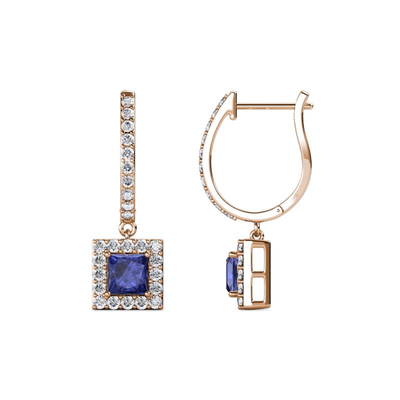 Ilona (4mm) Princess Cut Iolite and Round Diamond Halo Dangling Earrings 