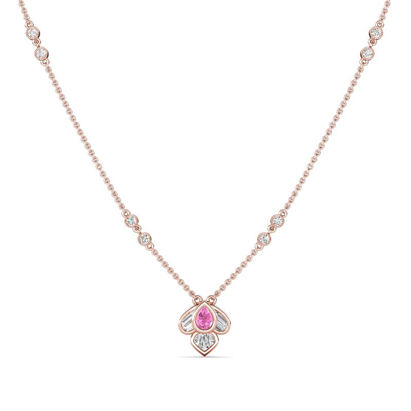 Sariya Fine Unseen 0.40 ctw Pear Shape Pink Sapphire accented Baguette & Round Natural Diamond Floral Necklace 