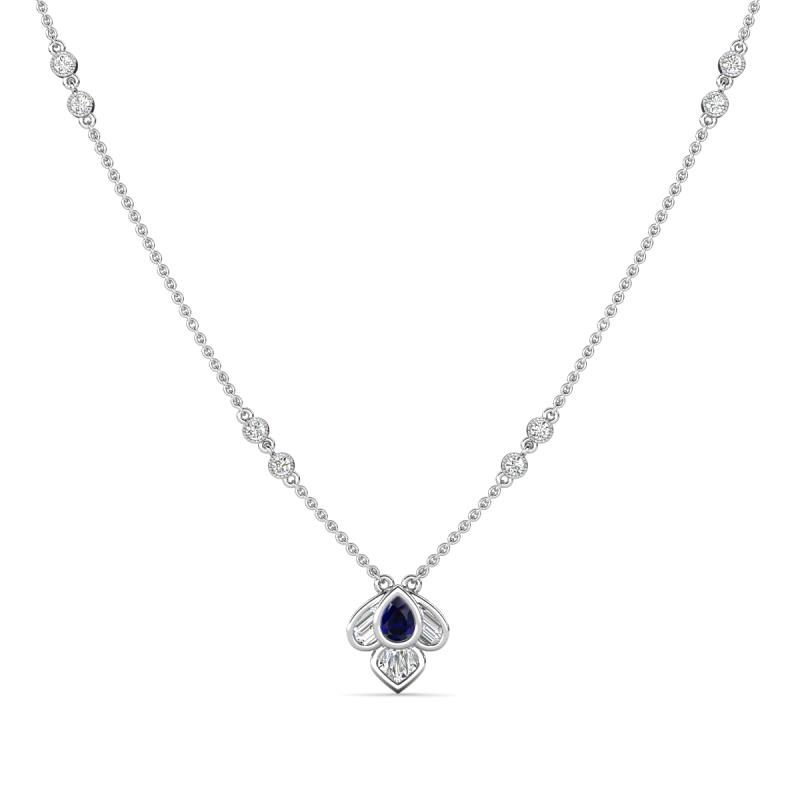 Sariya Fine Unseen 0.45 ctw Pear Shape Blue Sapphire accented Baguette & Round Natural Diamond Floral Necklace 