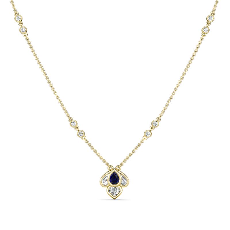 Sariya Fine Unseen 0.45 ctw Pear Shape Blue Sapphire accented Baguette & Round Natural Diamond Floral Necklace 