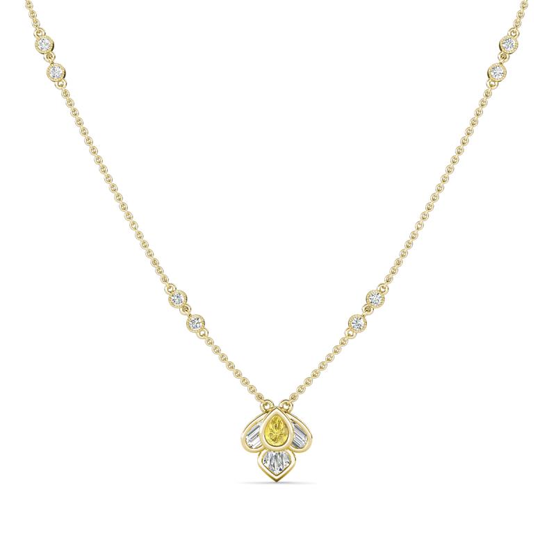 Sariya Fine Unseen 0.55 ctw Pear Shape Yellow Sapphire accented Baguette & Round Natural Diamond Floral Necklace 