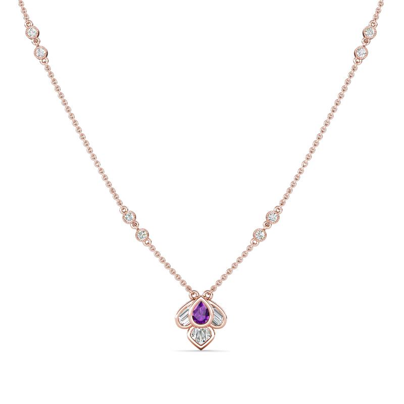 Sariya Fine Unseen 0.50 ctw Pear Shape Amethyst accented Baguette & Round Natural Diamond Floral Necklace 