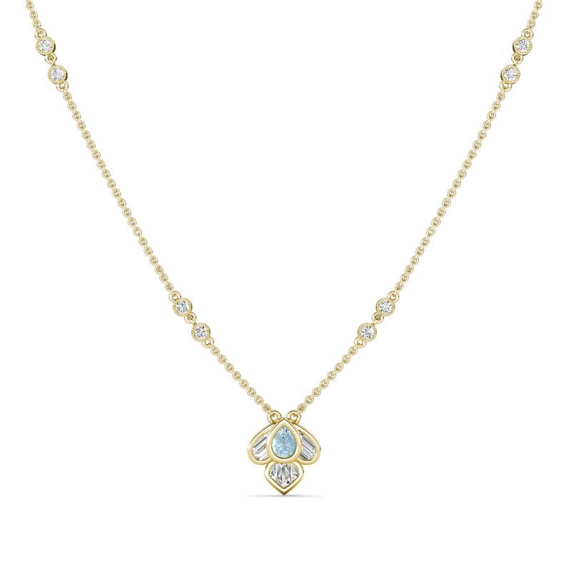 Sariya Fine Unseen 0.45 ctw Pear Shape Aquamarine accented Baguette & Round Natural Diamond Floral Necklace 