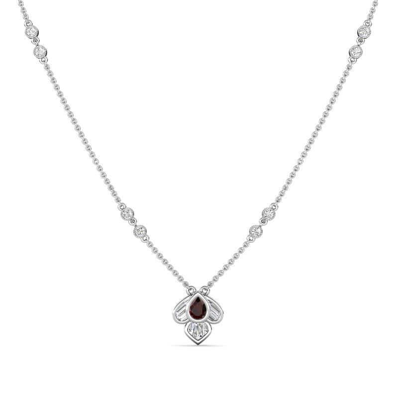 Sariya Fine Unseen 0.55 ctw Pear Shape Red Garnet accented Baguette & Round Natural Diamond Floral Necklace 