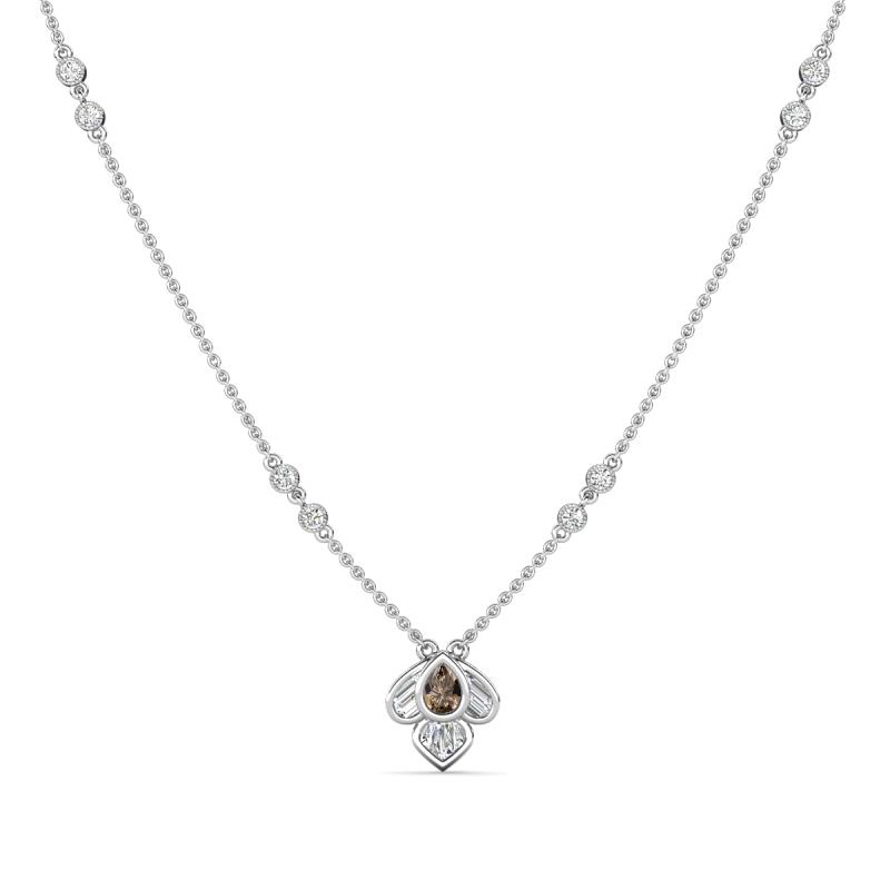 Sariya Fine Unseen 0.45 ctw Pear Shape Smoky Quartz accented Baguette & Round Natural Diamond Floral Necklace 