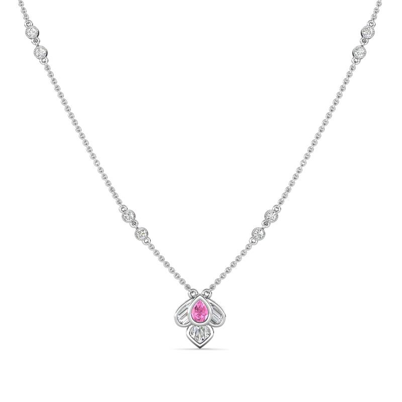 Sariya Fine Unseen 0.40 ctw Pear Shape Pink Sapphire accented Round & Baguette Natural Diamond Floral Necklace 