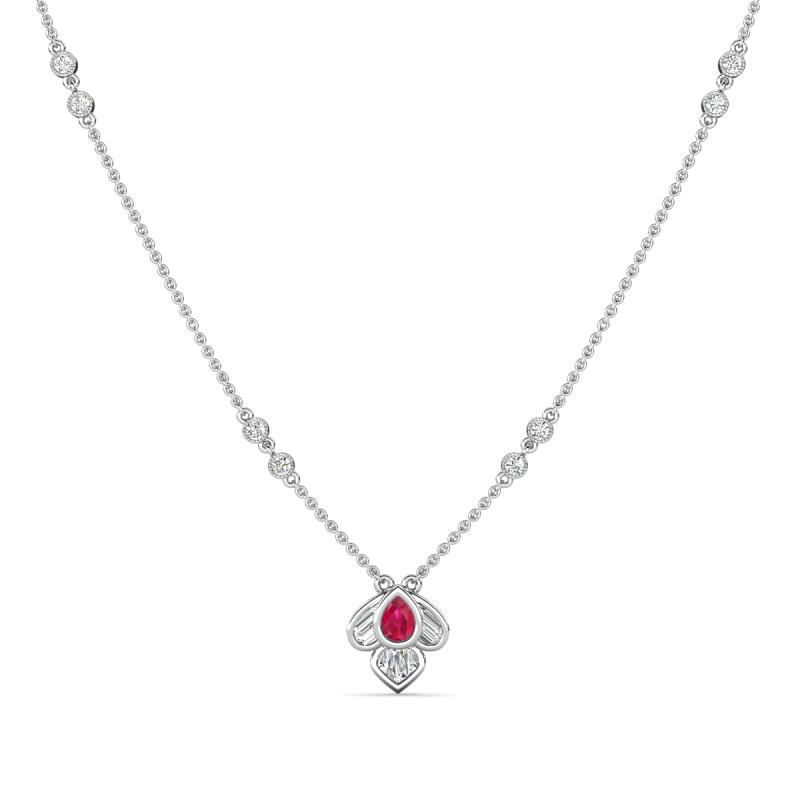 Sariya Fine Unseen 0.45 ctw Pear Shape Ruby accented Round & Baguette Natural Diamond Floral Necklace 