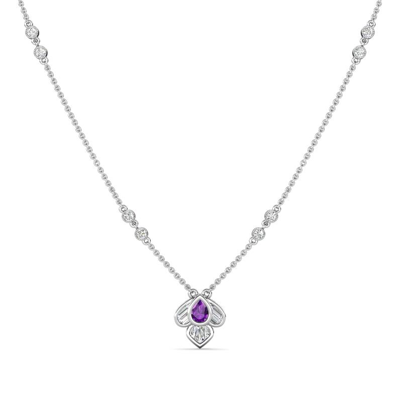 Sariya Fine Unseen 0.50 ctw Pear Shape Amethyst accented Round & Baguette Natural Diamond Floral Necklace 