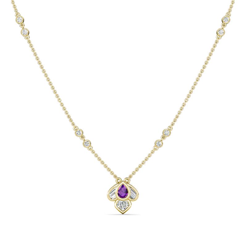 Sariya Fine Unseen 0.50 ctw Pear Shape Amethyst accented Round & Baguette Natural Diamond Floral Necklace 