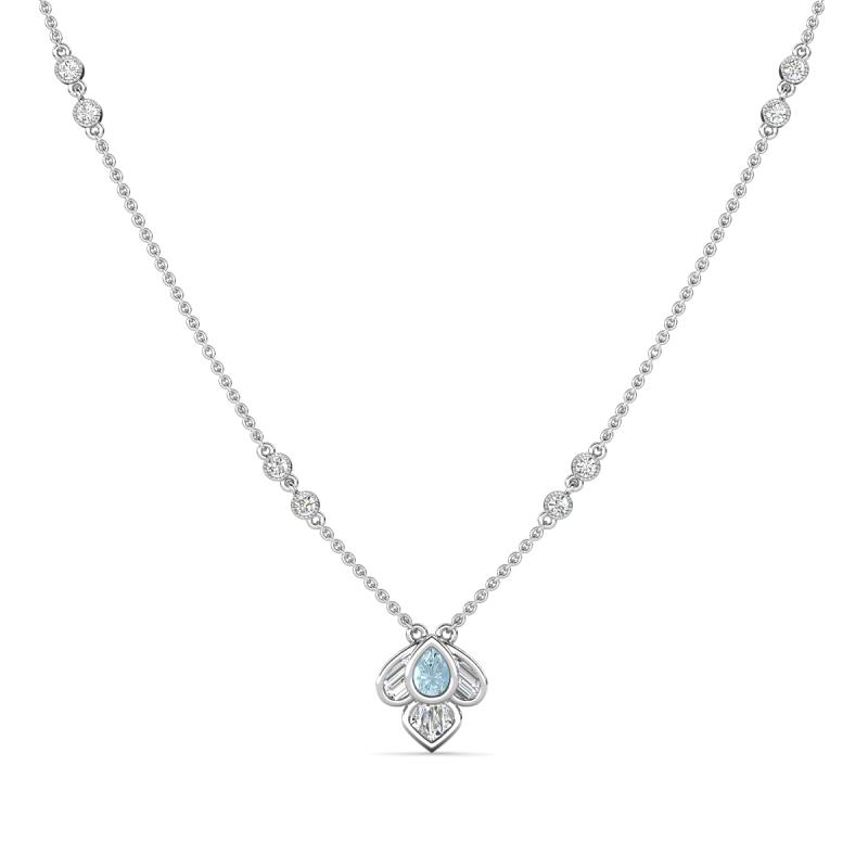 Sariya Fine Unseen 0.45 ctw Pear Shape Aquamarine accented Round & Baguette Natural Diamond Floral Necklace 