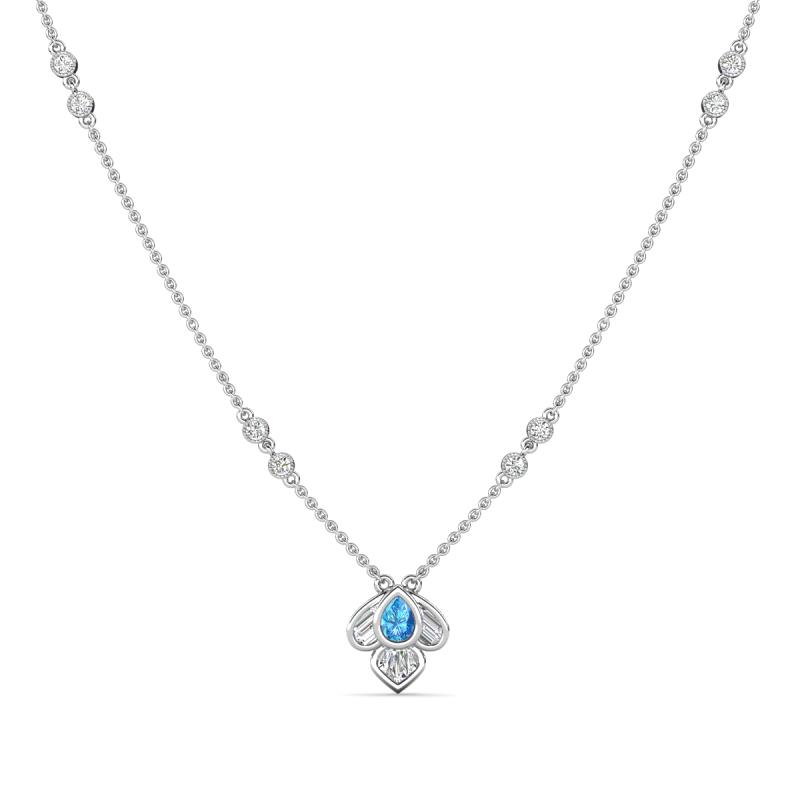 Sariya Fine Unseen 0.50 ctw Pear Shape Blue Topaz accented Round & Baguette Natural Diamond Floral Necklace 
