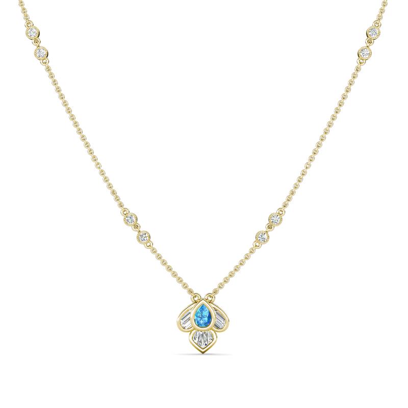 Sariya Fine Unseen 0.50 ctw Pear Shape Blue Topaz accented Round & Baguette Natural Diamond Floral Necklace 