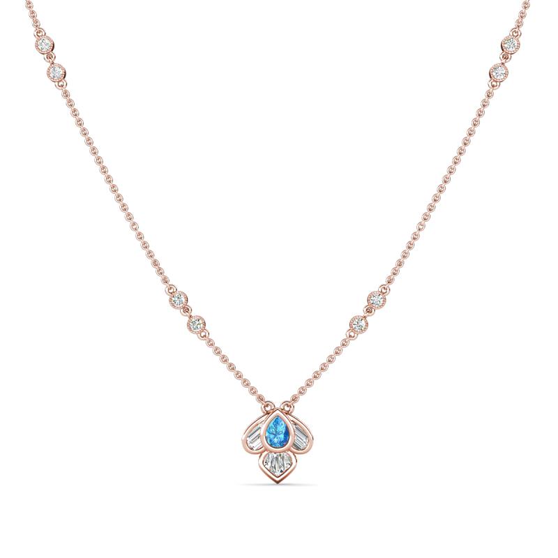 Sariya Fine Unseen 0.50 ctw Pear Shape Blue Topaz accented Round & Baguette Natural Diamond Floral Necklace 