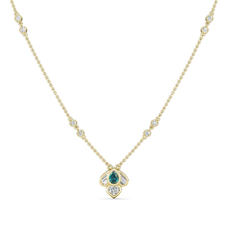 Sariya Fine Unseen 0.50 ctw Pear Shape London Blue Topaz accented Round & Baguette Natural Diamond Floral Necklace 