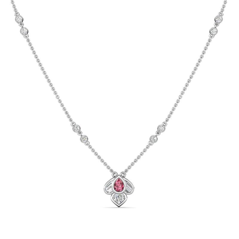 Sariya Fine Unseen 0.50 ctw Pear Shape Pink Tourmaline accented Round & Baguette Natural Diamond Floral Necklace 
