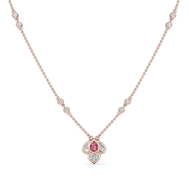 Sariya Fine Unseen 0.50 ctw Pear Shape Pink Tourmaline accented Round & Baguette Natural Diamond Floral Necklace 
