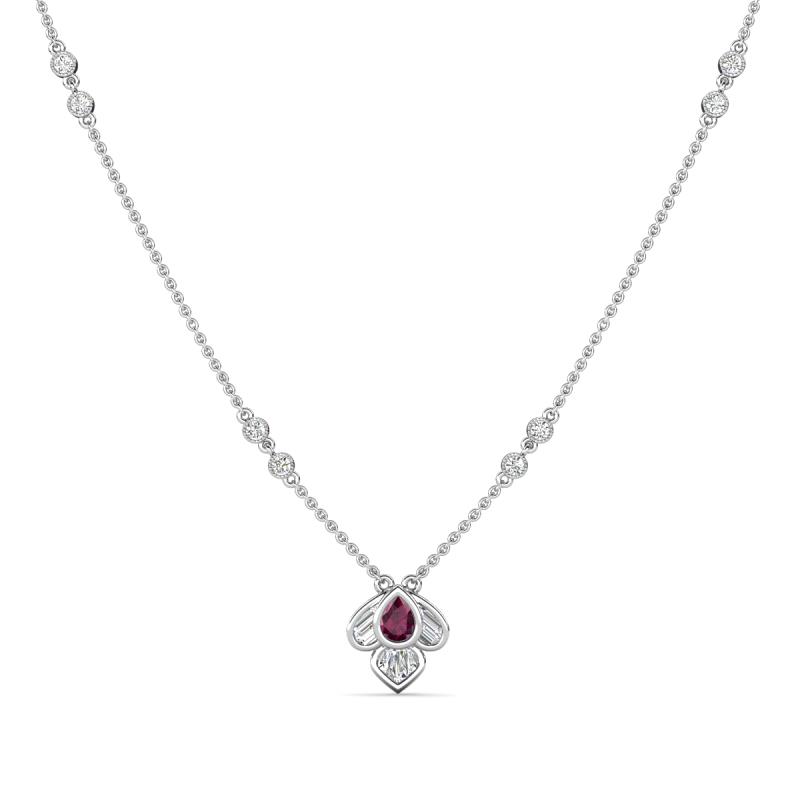 Sariya Fine Unseen 0.50 ctw Pear Shape Rhodolite Garnet accented Round & Baguette Natural Diamond Floral Necklace 