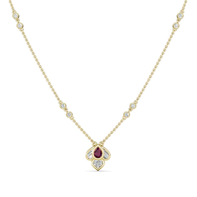 Sariya Fine Unseen 0.50 ctw Pear Shape Rhodolite Garnet accented Round & Baguette Natural Diamond Floral Necklace 