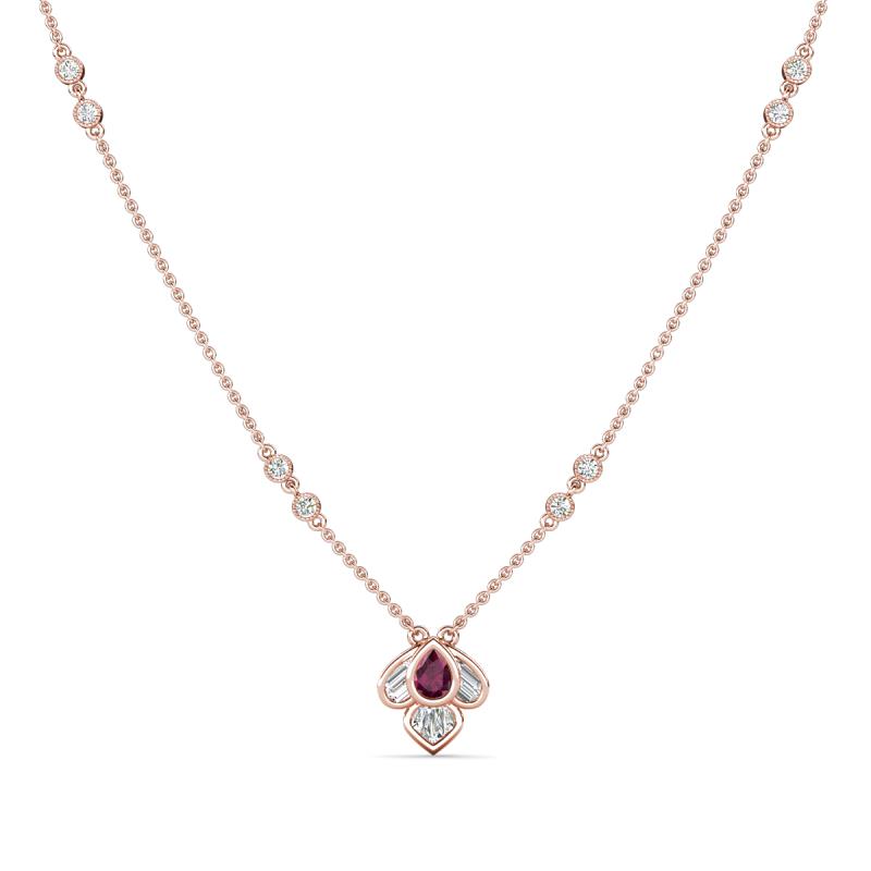 Sariya Fine Unseen 0.50 ctw Pear Shape Rhodolite Garnet accented Round & Baguette Natural Diamond Floral Necklace 