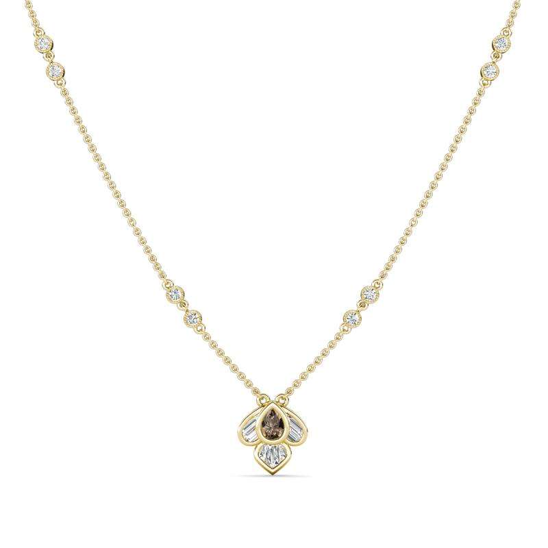 Sariya Fine Unseen 0.45 ctw Pear Shape Smoky Quartz accented Round & Baguette Natural Diamond Floral Necklace 