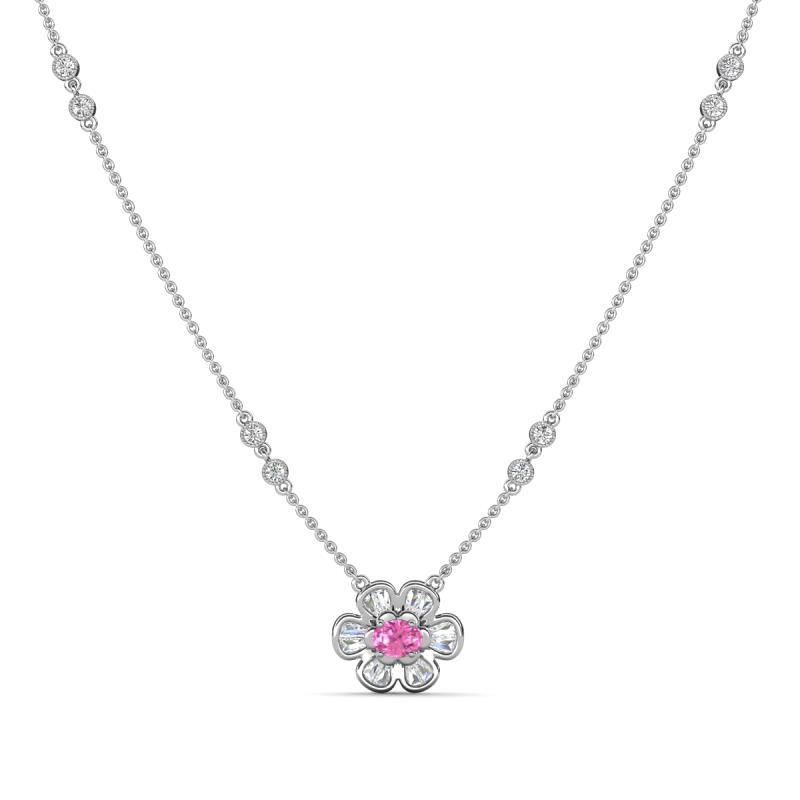 Elira Fine Unseen 0.55 ctw Oval Shape Pink Sapphire accented Baguette & Round Natural Diamond Floral Necklace 