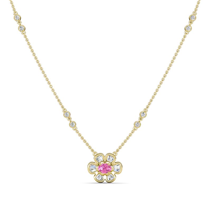 Elira Fine Unseen 0.55 ctw Oval Shape Pink Sapphire accented Baguette & Round Natural Diamond Floral Necklace 