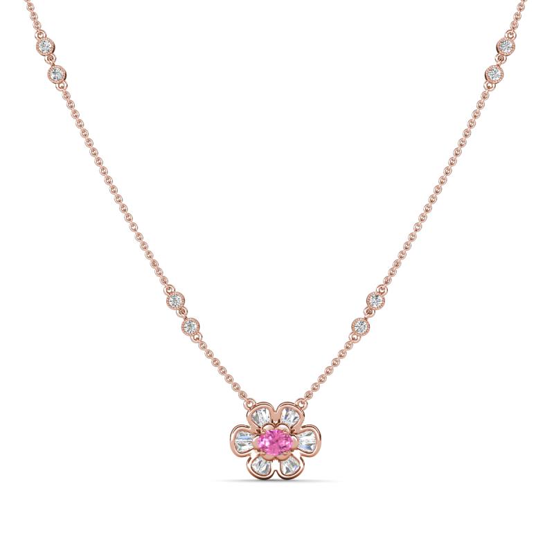 Elira Fine Unseen 0.55 ctw Oval Shape Pink Sapphire accented Baguette & Round Natural Diamond Floral Necklace 