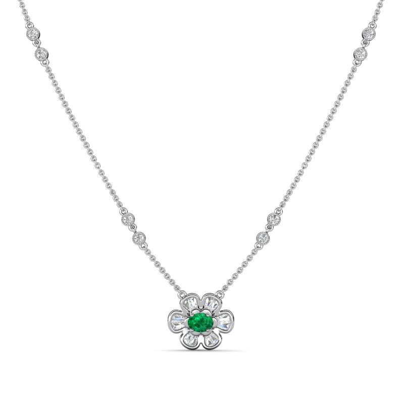 Elira Fine Unseen 0.50 ctw Oval Shape Emerald accented Baguette & Round Natural Diamond Floral Necklace 