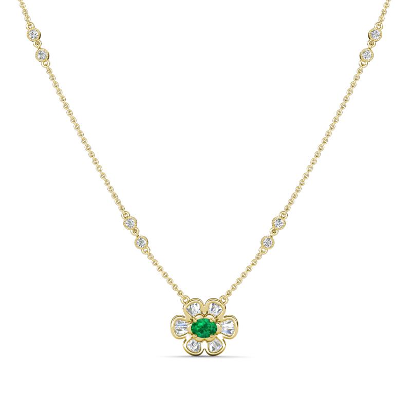 Elira Fine Unseen 0.50 ctw Oval Shape Emerald accented Baguette & Round Natural Diamond Floral Necklace 