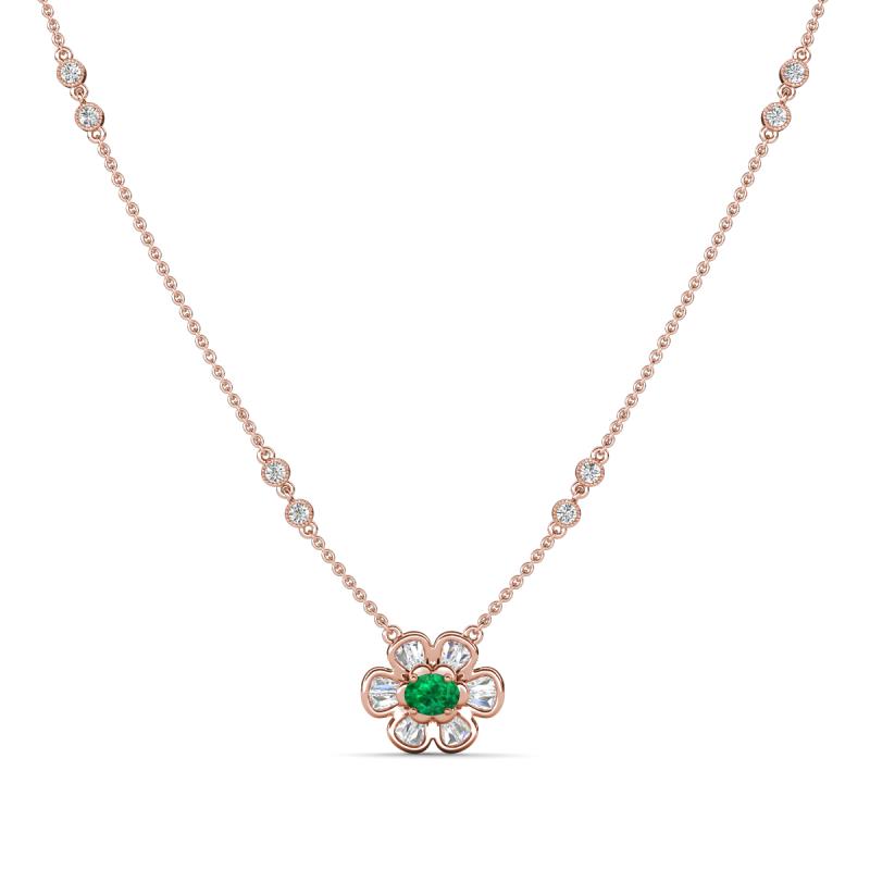 Elira Fine Unseen 0.50 ctw Oval Shape Emerald accented Baguette & Round Natural Diamond Floral Necklace 