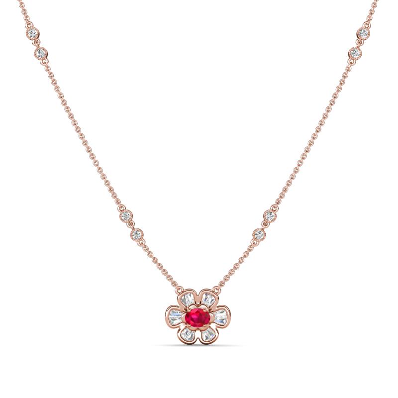 Elira Fine Unseen 0.55 ctw Oval Shape Ruby accented Baguette & Round Natural Diamond Floral Necklace 