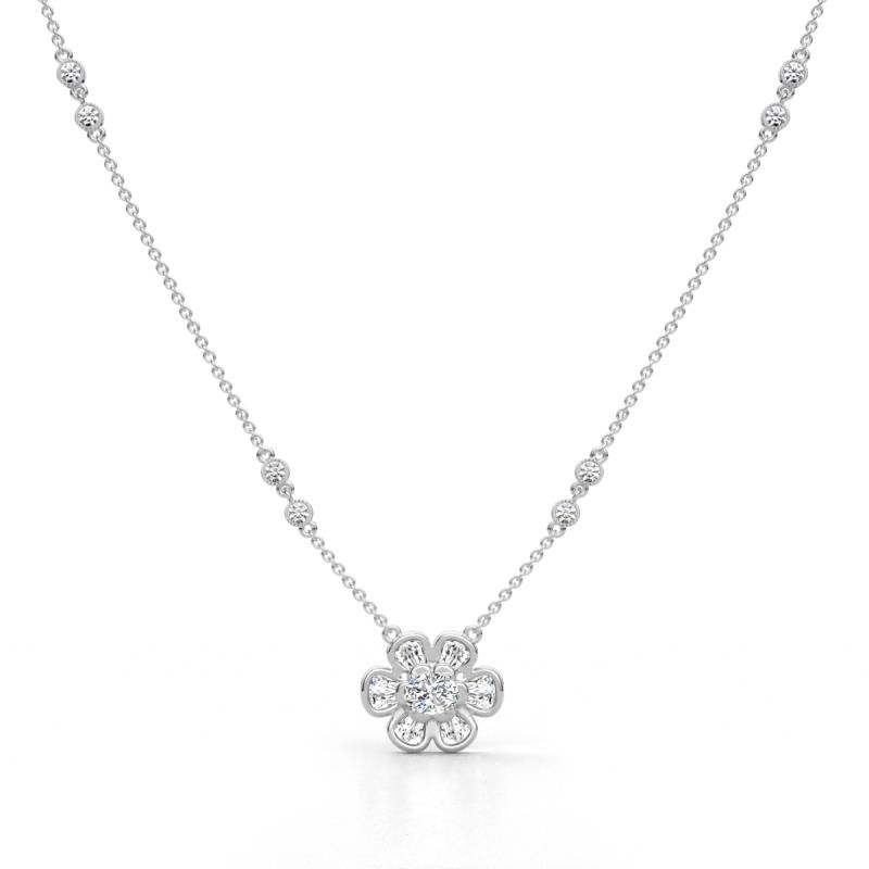 Elira Fine Unseen 0.45 ctw Oval Shape Natural Diamond accented Baguette & Round Diamond Floral Necklace 