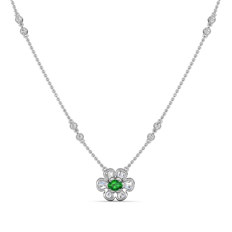 Elira Fine Unseen 0.50 ctw Oval Shape Green Garnet accented Baguette & Round Natural Diamond Floral Necklace 
