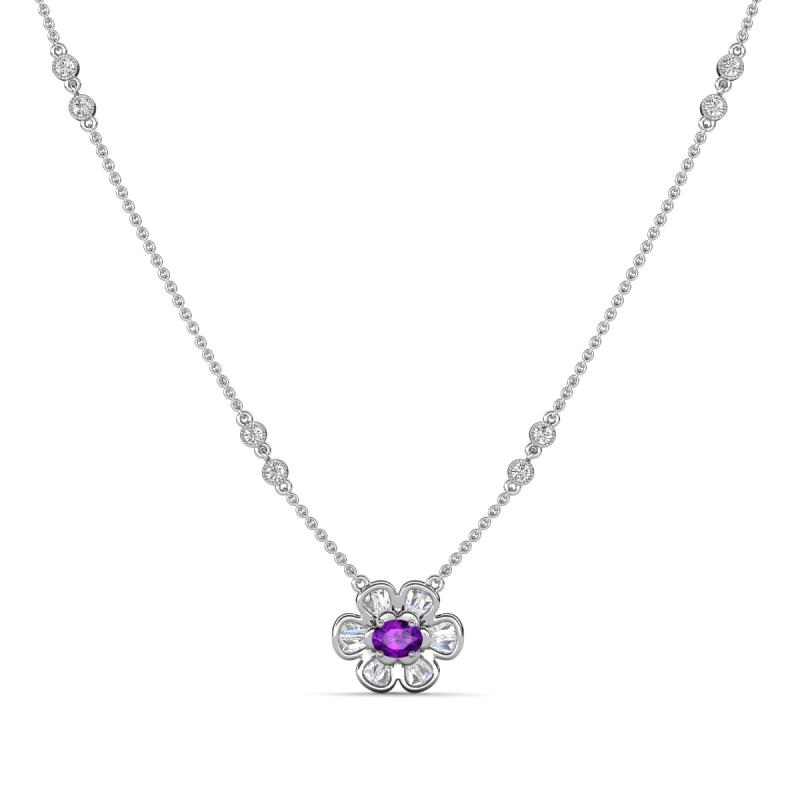 Elira Fine Unseen 0.50 ctw Oval Shape Amethyst accented Baguette & Round Natural Diamond Floral Necklace 
