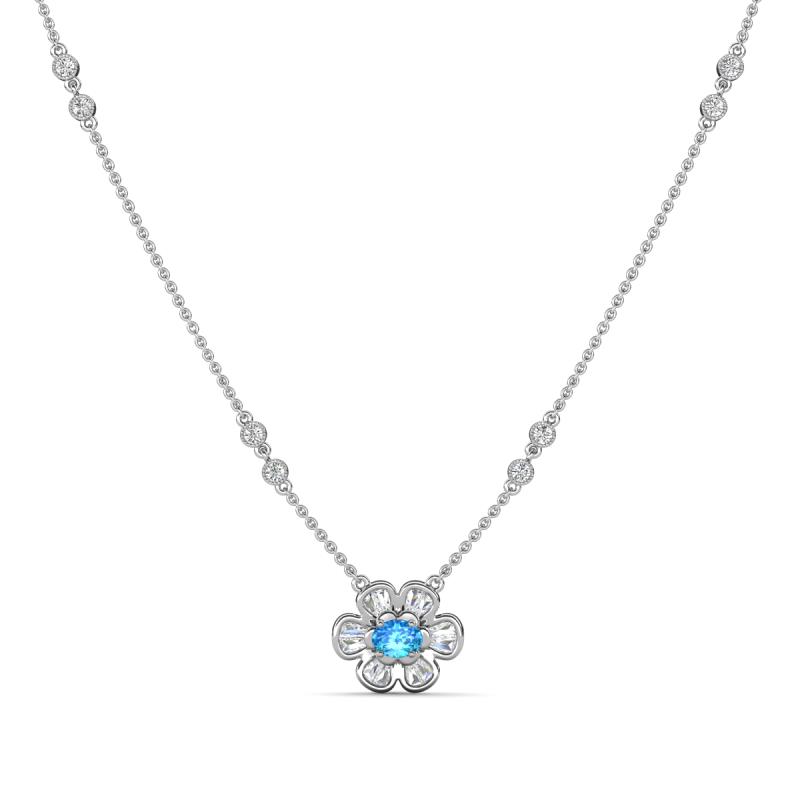 Elira Fine Unseen 0.50 ctw Oval Shape Blue Topaz accented Baguette & Round Natural Diamond Floral Necklace 