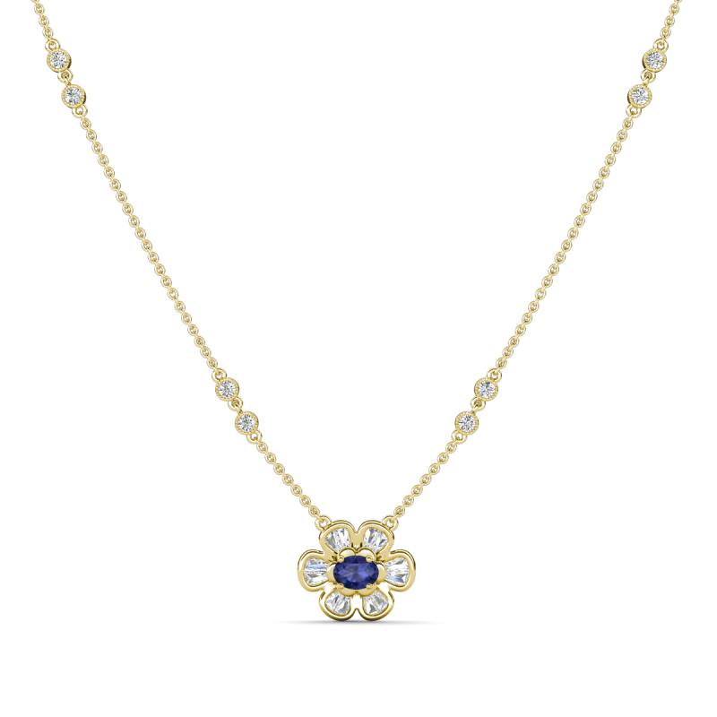 Elira Fine Unseen 0.50 ctw Oval Shape Iolite accented Baguette & Round Natural Diamond Floral Necklace 