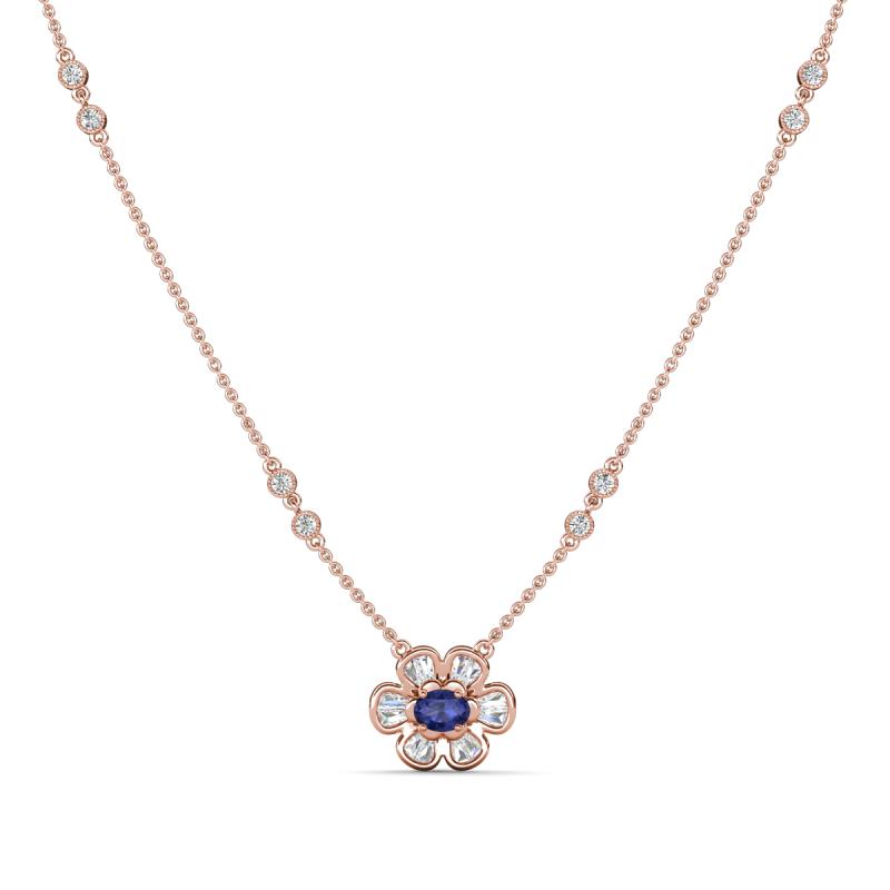 Elira Fine Unseen 0.50 ctw Oval Shape Iolite accented Baguette & Round Natural Diamond Floral Necklace 