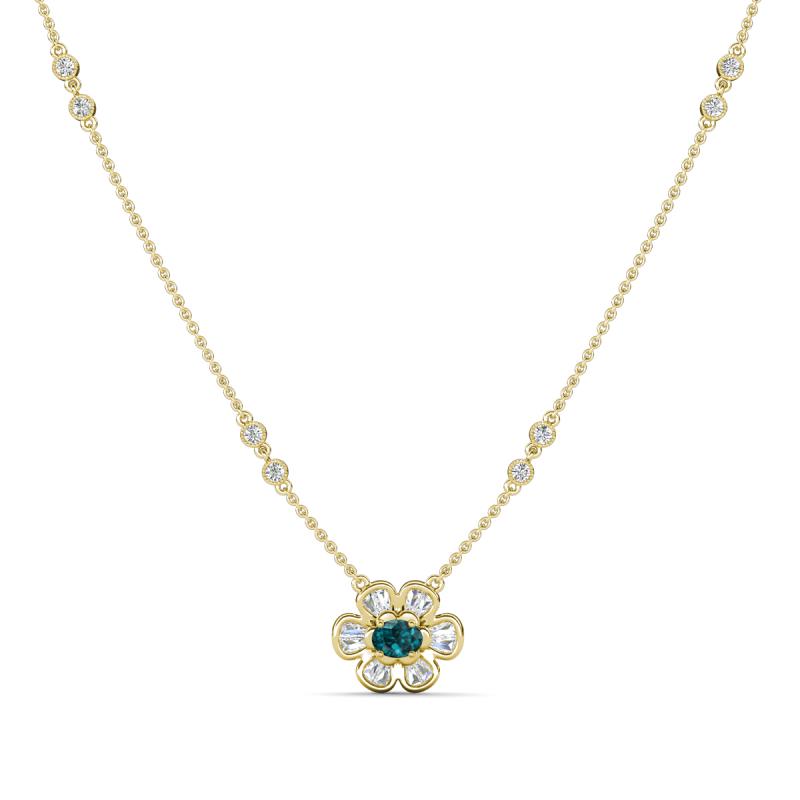 Elira Fine Unseen 0.50 ctw Oval Shape London Blue Topaz accented Baguette & Round Natural Diamond Floral Necklace 
