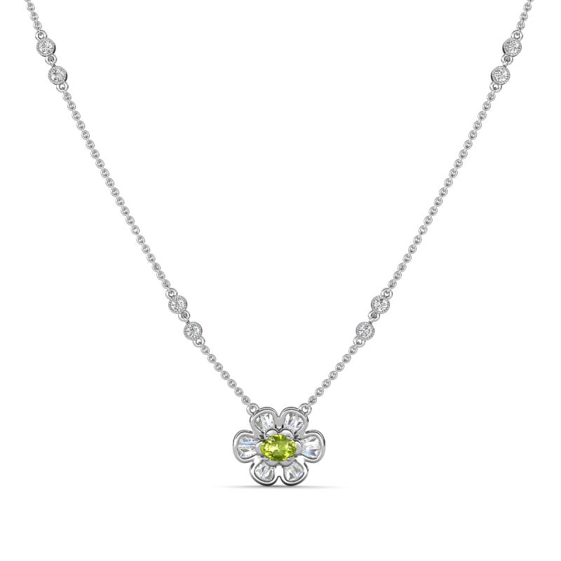 Elira Fine Unseen 0.50 ctw Oval Shape Peridot accented Baguette & Round Natural Diamond Floral Necklace 