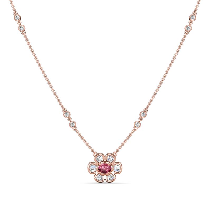 Elira Fine Unseen 0.50 ctw Oval Shape Pink Tourmaline accented Baguette & Round Natural Diamond Floral Necklace 