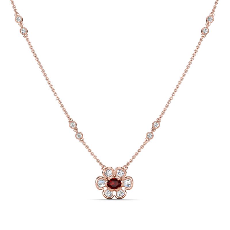 Elira Fine Unseen 0.50 ctw Oval Shape Red Garnet accented Baguette & Round Natural Diamond Floral Necklace 