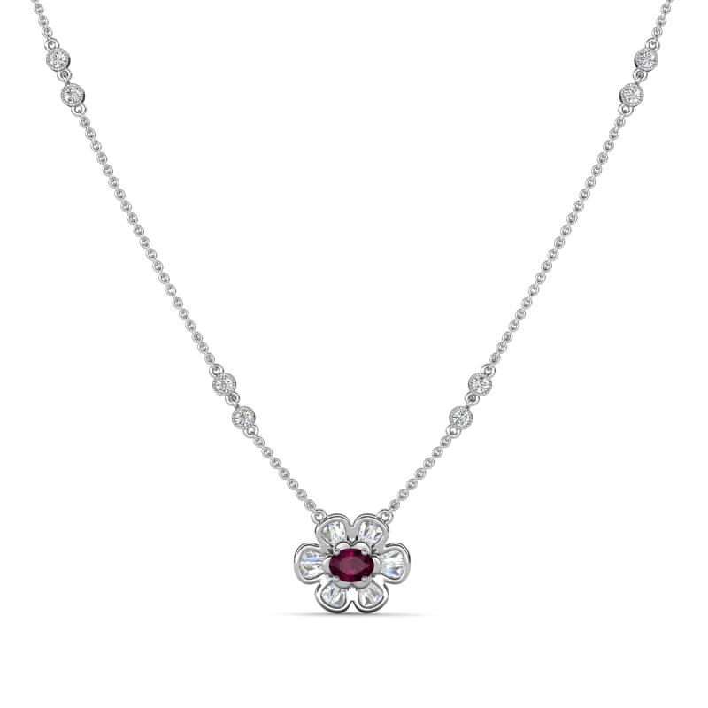 Elira Fine Unseen 0.50 ctw Oval Shape Rhodolite Garnet accented Baguette & Round Natural Diamond Floral Necklace 