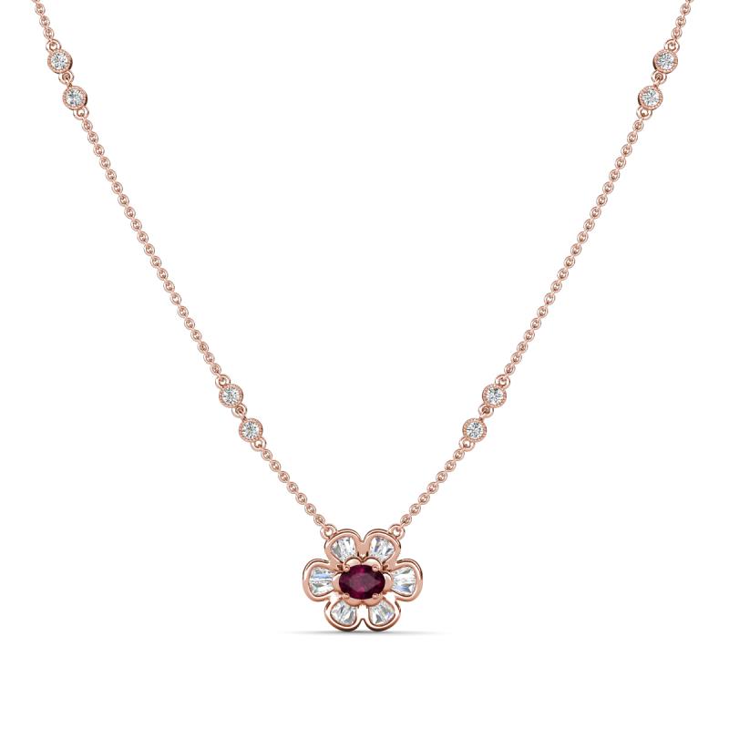 Elira Fine Unseen 0.50 ctw Oval Shape Rhodolite Garnet accented Baguette & Round Natural Diamond Floral Necklace 