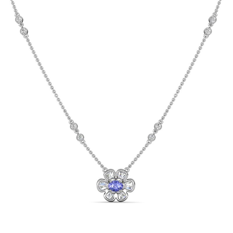 Elira Fine Unseen 0.50 ctw Oval Shape Tanzanite accented Baguette & Round Natural Diamond Floral Necklace 