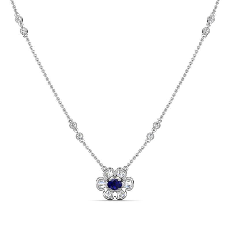 Elira Fine Unseen 0.55 ctw Oval Shape Blue Sapphire accented Baguette & Round Natural Diamond Floral Necklace 