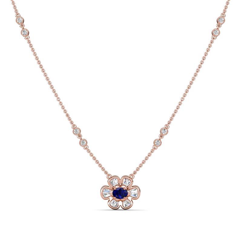 Elira Fine Unseen 0.55 ctw Oval Shape Blue Sapphire accented Baguette & Round Natural Diamond Floral Necklace 