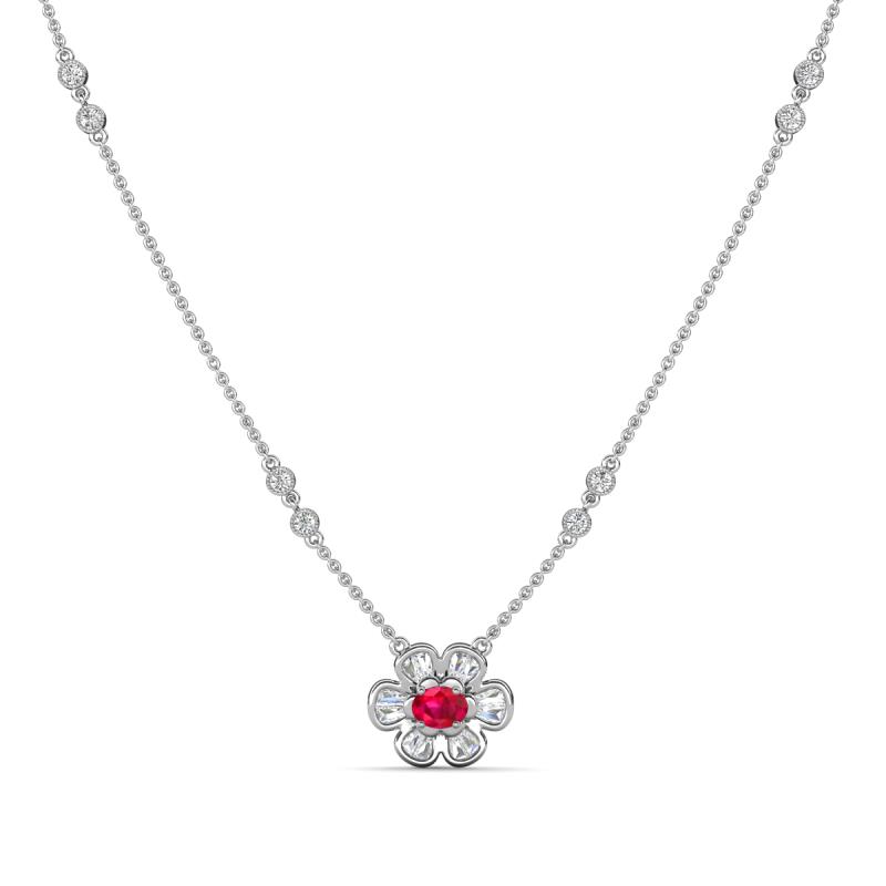 Elira Fine Unseen 0.55 ctw Oval Shape Ruby accented Baguette & Round Natural Diamond Floral Necklace 
