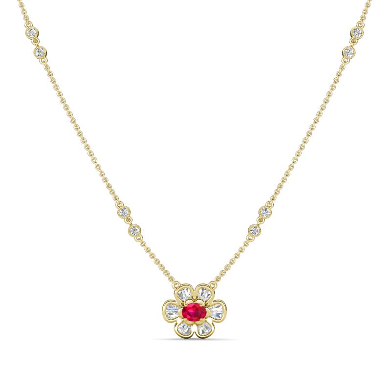 Elira Fine Unseen 0.55 ctw Oval Shape Ruby accented Baguette & Round Natural Diamond Floral Necklace 