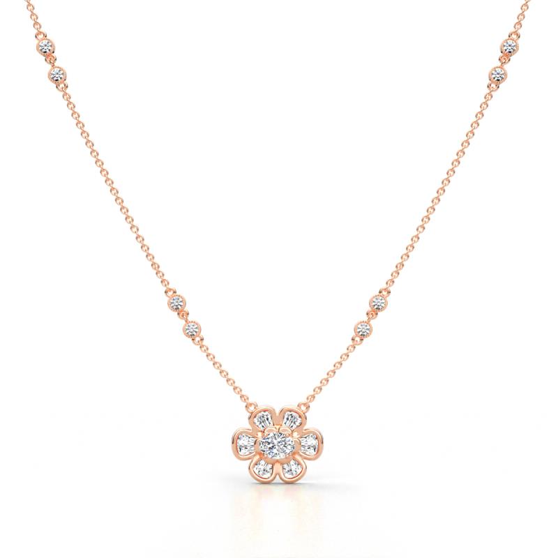 Elira Fine Unseen 0.45 ctw Oval Shape Natural Diamond accented Baguette & Round Diamond Floral Necklace 